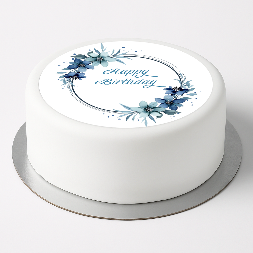 Essbarer Tortenaufleger Happy Birthday Bltenkranz Blau  rund 19 cm